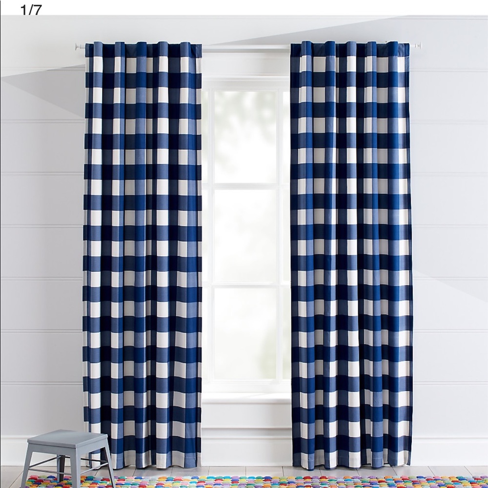 Land of Nod Navy Check curtain panel NWOT